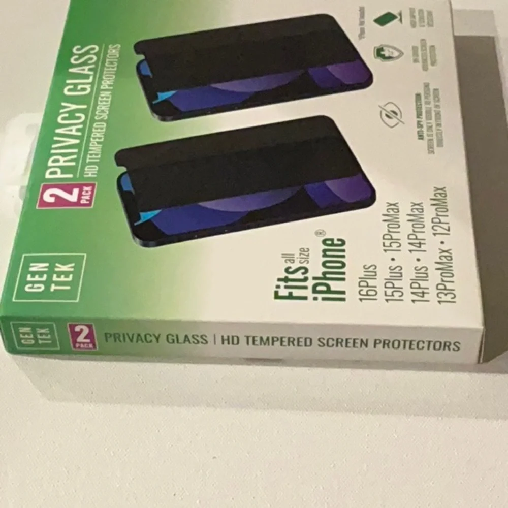 GEN TEK (2) Two Privacy Glass HD Tempered Screen Protectors. Fits iPhones.